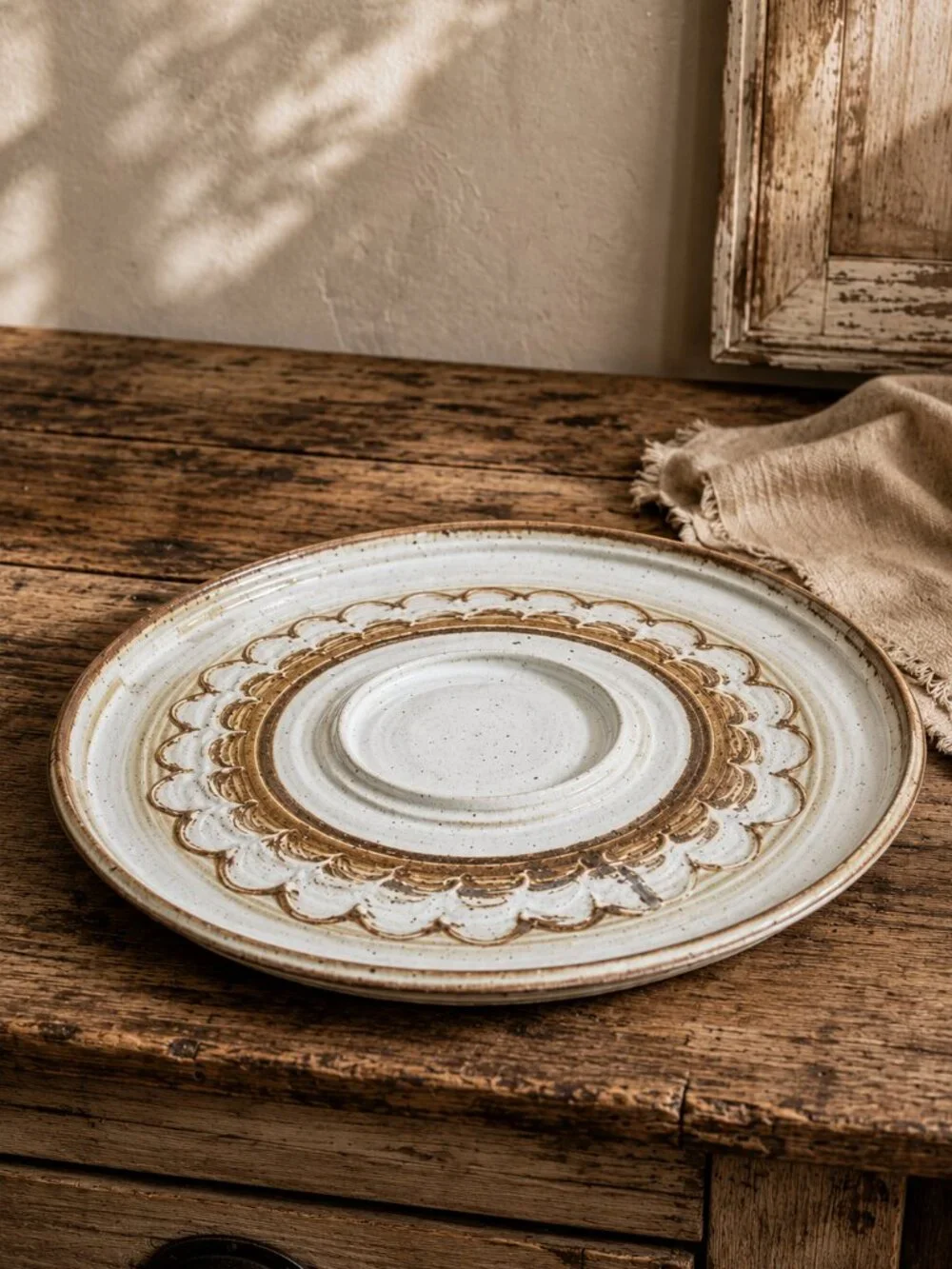Vintage Signed Studio Pottery Glazed Stoneware Oversized Brown & Cream Platter